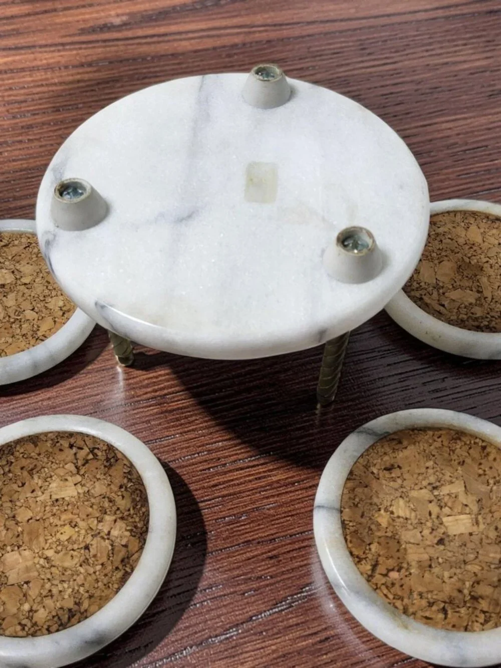 Vintage Brass and White and Gray Marble Set of 5 Cork Coasters
